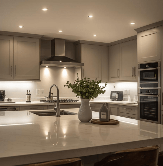 a photo of a comfortably lit modern kitchen with a large island and LED downlights in the ceiling