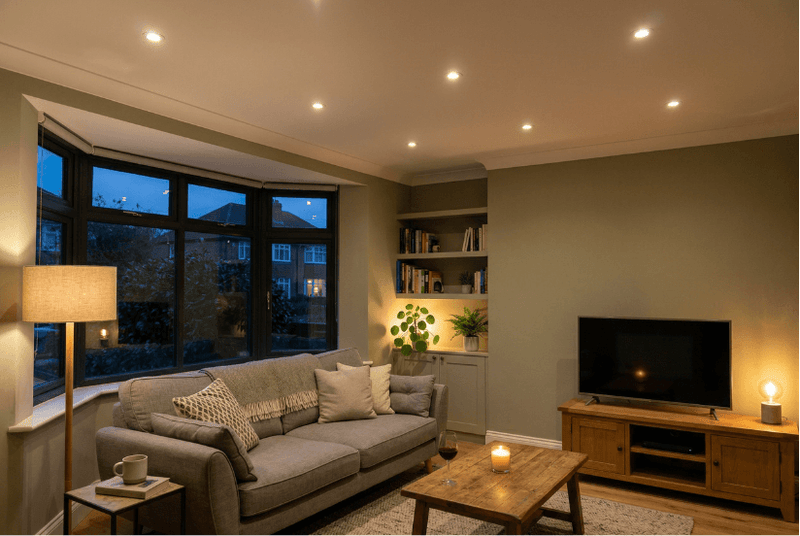 Cozy living room with a sofa, coffee table, TV, and decorative elements.