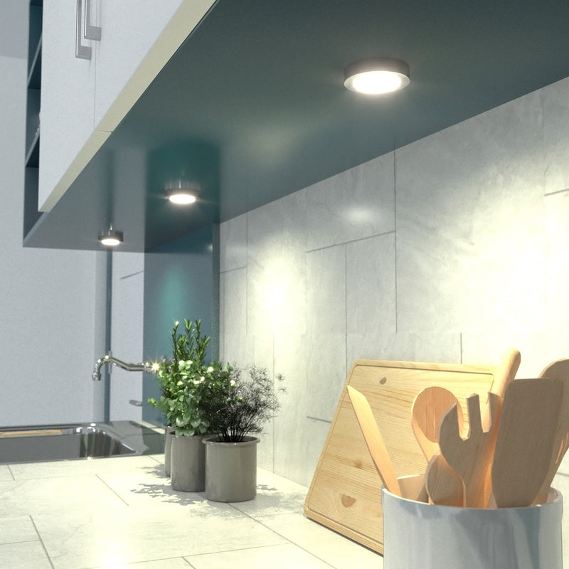 Simple Lighting - CAB-240V - Under Cabinet Light - Three surface mount LED under cabinet lights illuminating a kitchen worktop