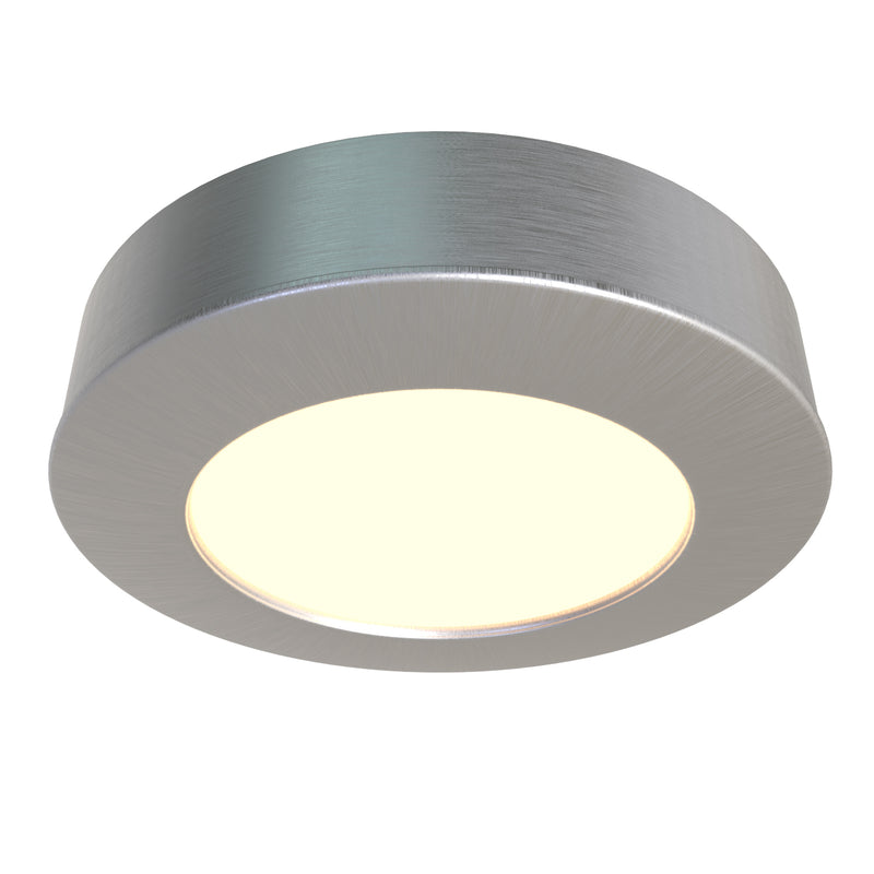 Simple Lighting - CAB-240V - Under Cabinet Light - A close up image of a brushed chrome LED under cabinet light with a warm glow