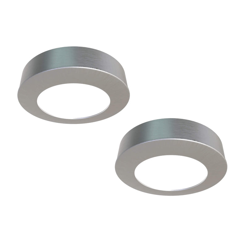 Simple Lighting - CAB-240V - Under Cabinet Light - Two surface-mounted under-cabinet lights with brushed chrome finish and mounting rings.