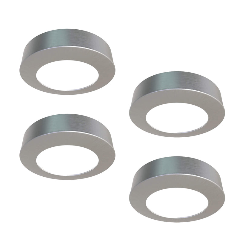 Simple Lighting - CAB-240V - Under Cabinet Light - Pack of four surface-mounted under-cabinet lights with brushed chrome finish and mounting rings.
