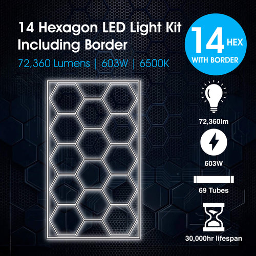 Lighteez - LTZ-HEX-14SB-65K-BK - Infographics - 14 Hexagon LED Light Kit Including Boarder