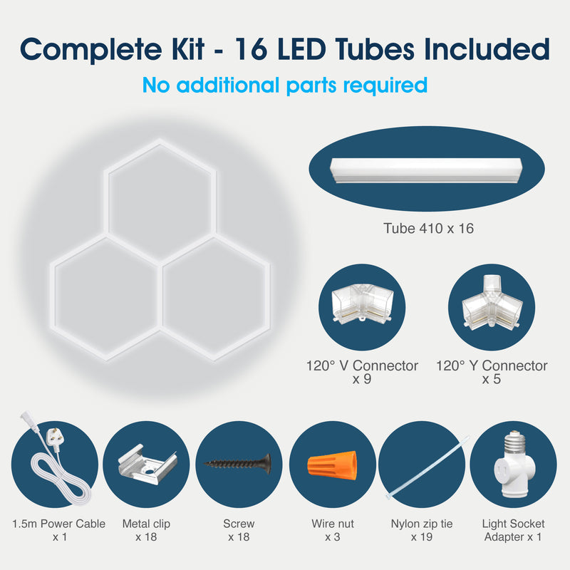 Lighteez - LTZ-HEX-3S-65K - Infographics - Complet Kit - 16 LED Tubes Included