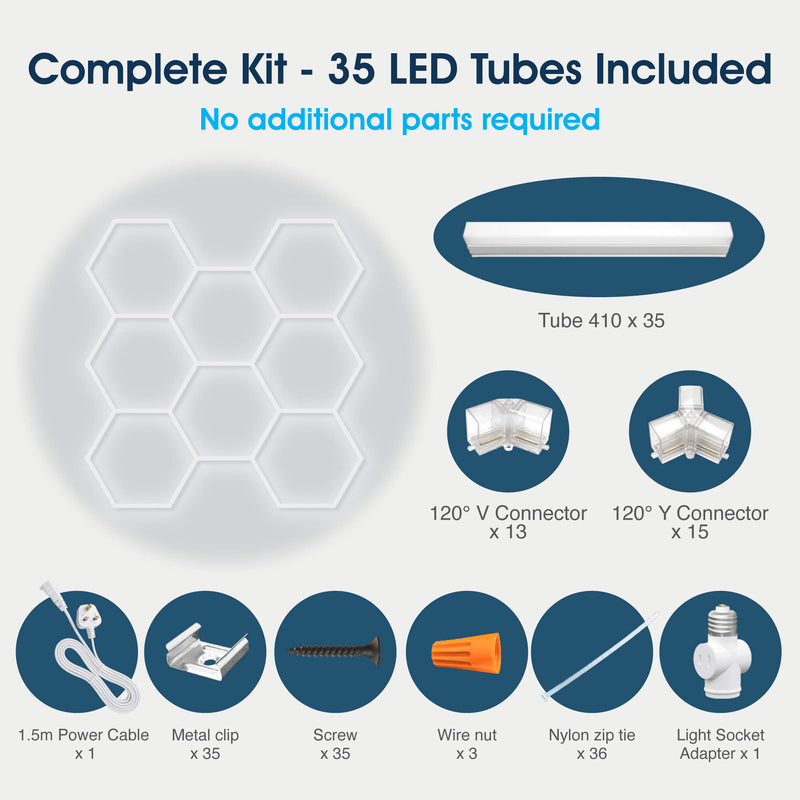 Lighteez - LTZ-HEX-8S-65K - Infographics - Complete Kit - 35 LED Tubes Included