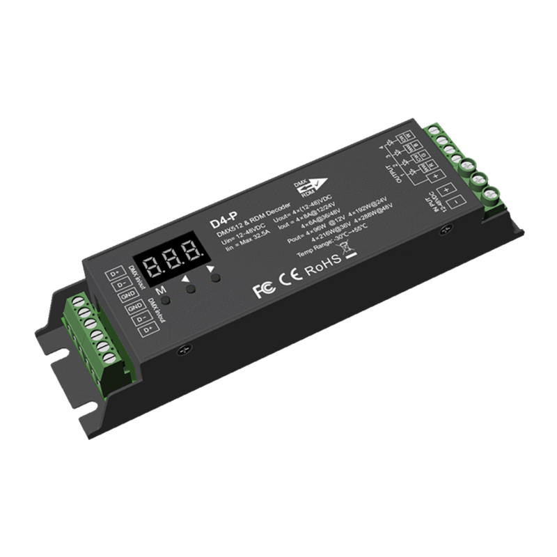 Simple Lighting - DMX Decoder - A decoder with a green terminal DMX signal port on a white background.