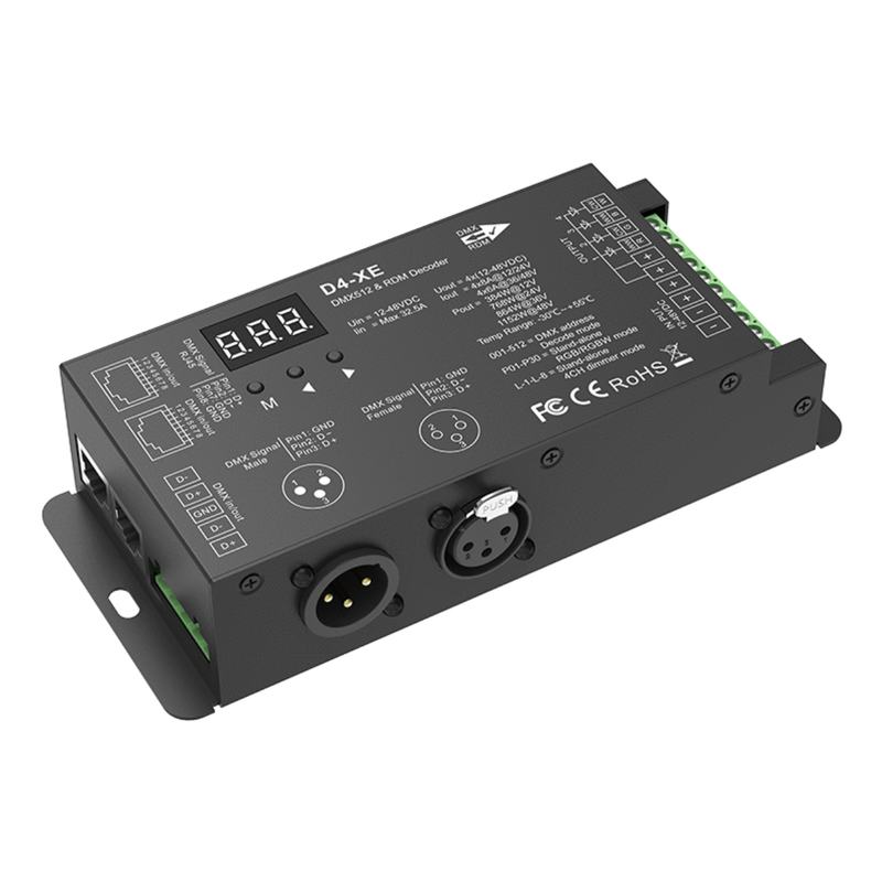 Simple Lighting - DMX Decoder - A decoder with RJ45 and XLR3 ports and green terminals.