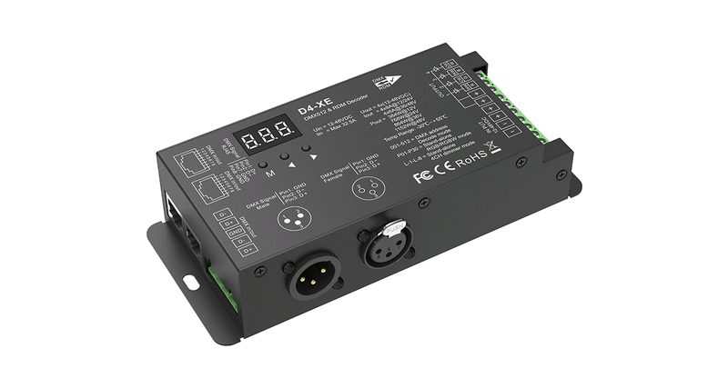 Simple Lighting - DMX Decoder - A decoder with RJ45 and XLR3 ports and green terminals.