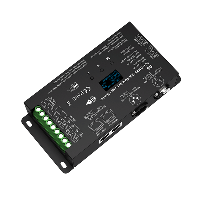 Simple Lighting - DMX Decoders - An upside-down decoder showing the RJ45 and XLR3 ports on one side and the 5-channel ports.