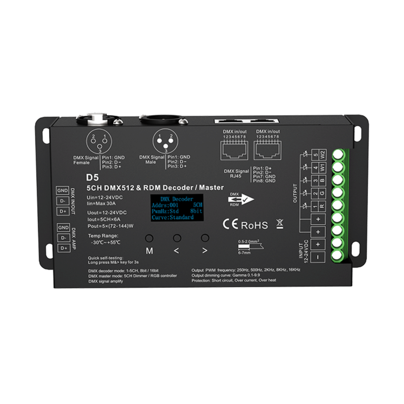 Simple Lighting - DMX Decoders - Top view of the D5 DMX decoder with LED screen at the centre