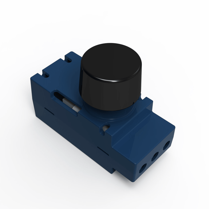 Simple Lighting - Dimmer Module - A blue dimmer module with a black knob