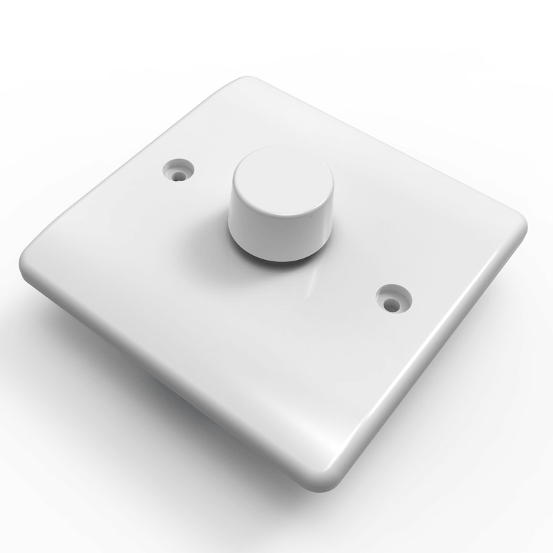 Simple Lighting - Dimmer Switch - A dimmer switch with white square faceplate and white knob.