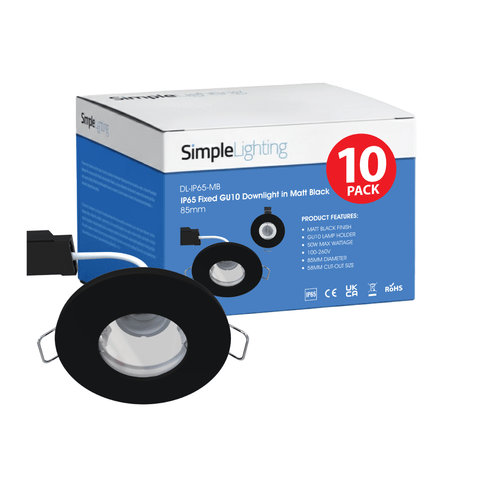 Pack of Ten IP65 Fixed GU10 Downlight in Matt Black - 85mm 
