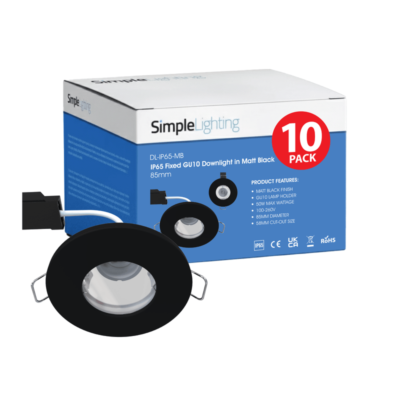 Pack of Ten IP65 Fixed GU10 Downlight in Matt Black - 85mm 