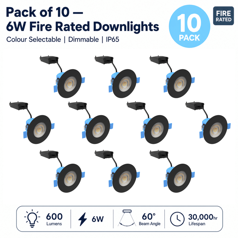 Simple Lighting - FR-6W-CCT-MB-10PK - Infographics - Pack of 10 - 6W Fire Rated Downlights