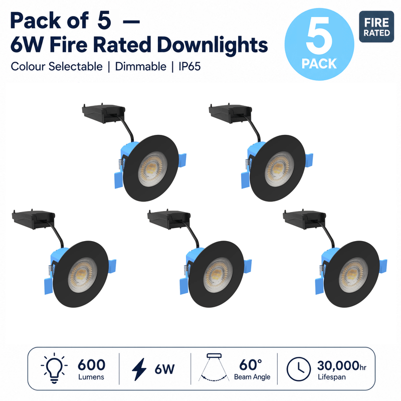 Simple Lighting - FR-6W-CCT-MB-5PK - Infographics - Pack of 5 ^W Fire Rated Downlights