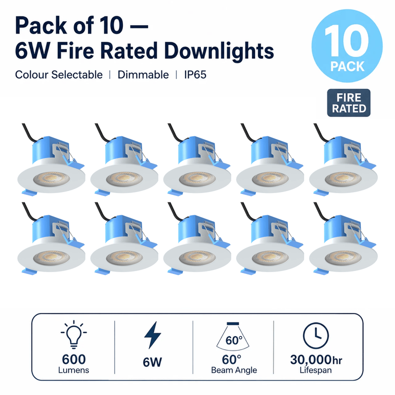 Simple Lighting - FR-6W-CCT-WH-10PK - Infographics - Pack of 10 - 6W Fire Rated Downlights