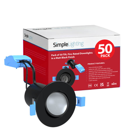 Pack of 50 Tilt, Fire-Rated Downlights in a Matt Black Finish