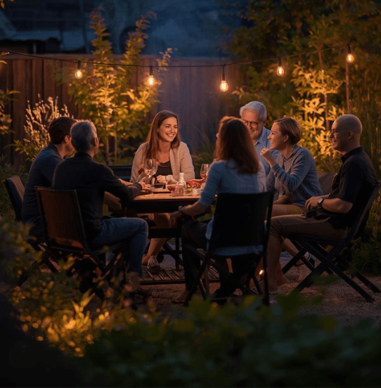 Group of people sitting around a table outdoors at night with festoon lights creating ambience.