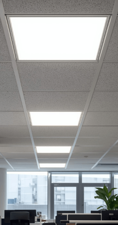 a photo of a grid ceiling in an office, fitted with square LED panel lights