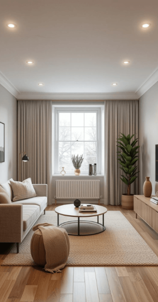 a photo of a warm looking living room with LED Downlights installed in the ceiling