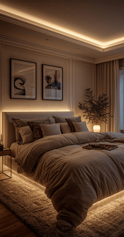 a photo of a warmly lit, cosy looking bedroom with LED strip installed under the bed frame, behind the headboard and in the ceiling