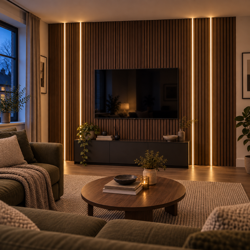 LED Neon For Slatwall (Walnut, Media Wall, Evening)