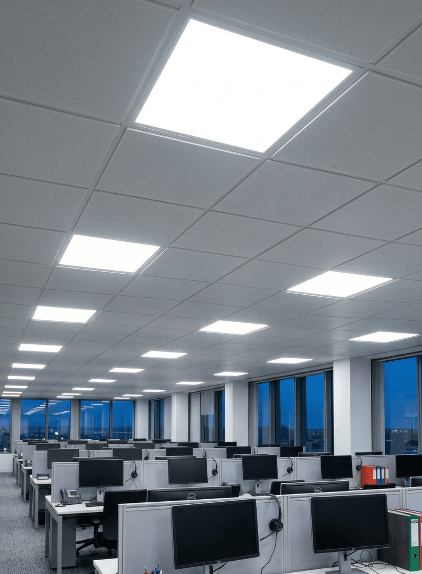 Modern office interior with ceiling lights and desks.