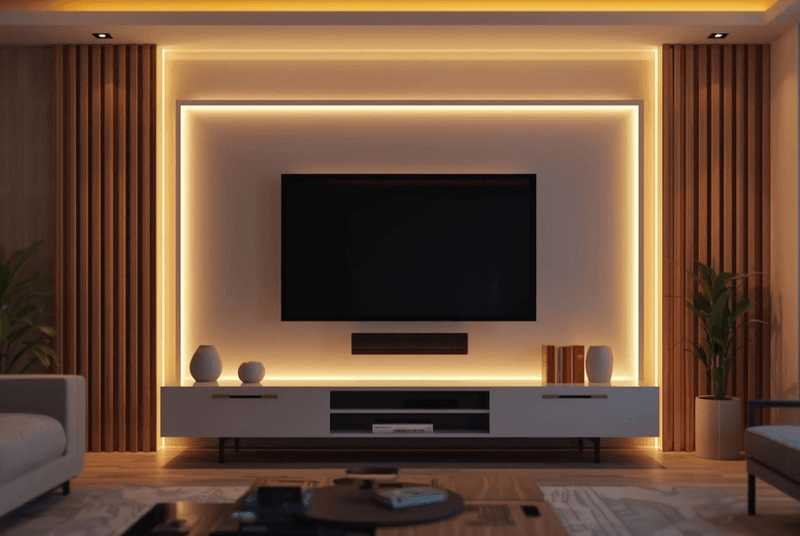 Modern living room with a television mounted on the wall with built-in lighting surrounding it to create a media wall effect 