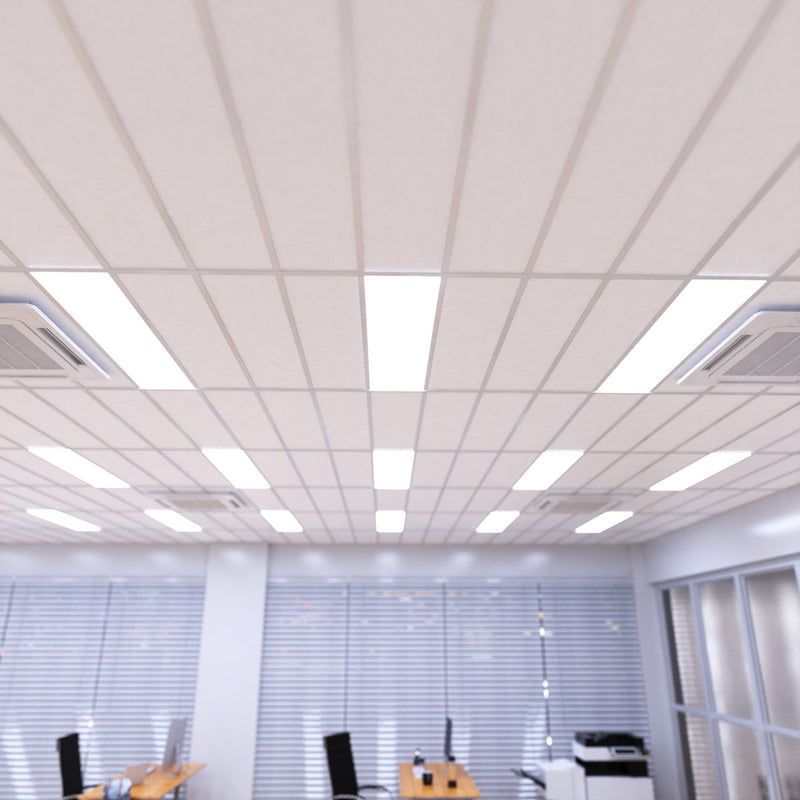 Simple Lighting - PAN 1230 LED Panel Light - An office ceiling installed with multiple cool white LED panels.