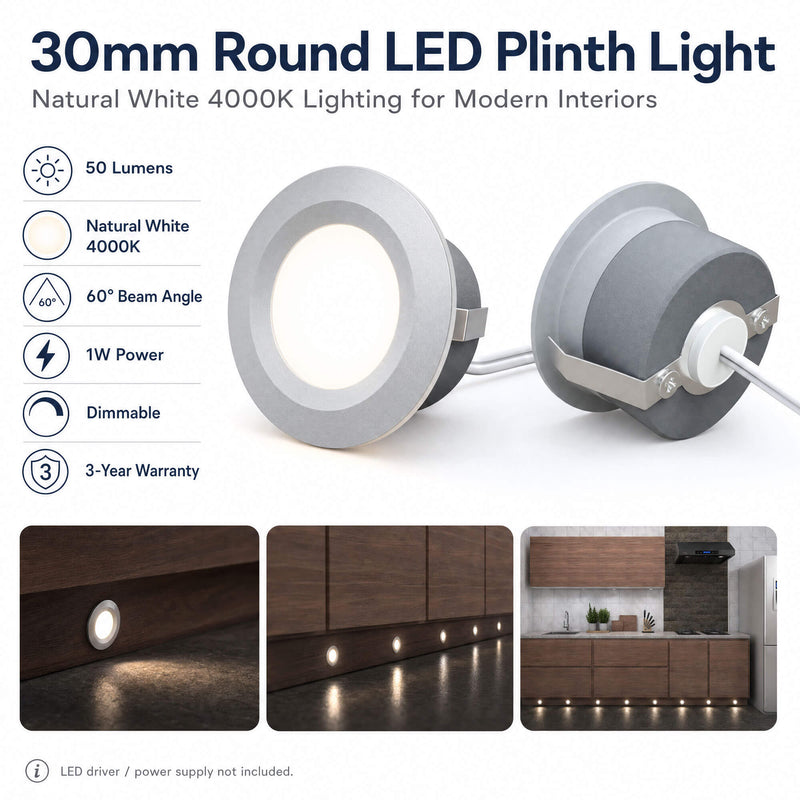 Simple Lighting - PL-1W-4000K - Infographics - 30mm Round LED Plinth Light