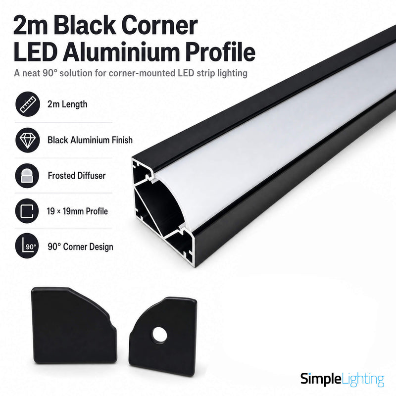 Simple Lighting - PRO-COR-B1-15MM-2M - Infographics - 2m Black Corner LED Aluminium Profile