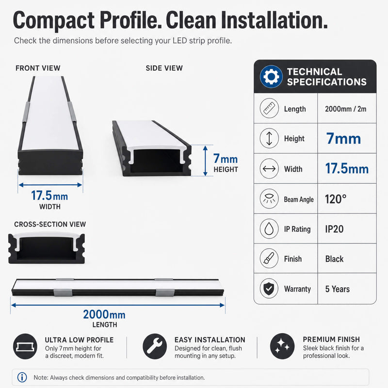 Simple Lighting - PRO-SUR-B1-7MM-2M - Infographics - Compact Profile. Clean Installation
