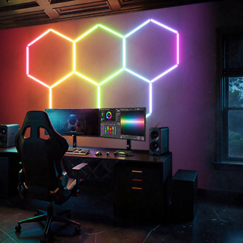 Hexagon LED Light Kit - RGB, White Finish (in action) - Game Room