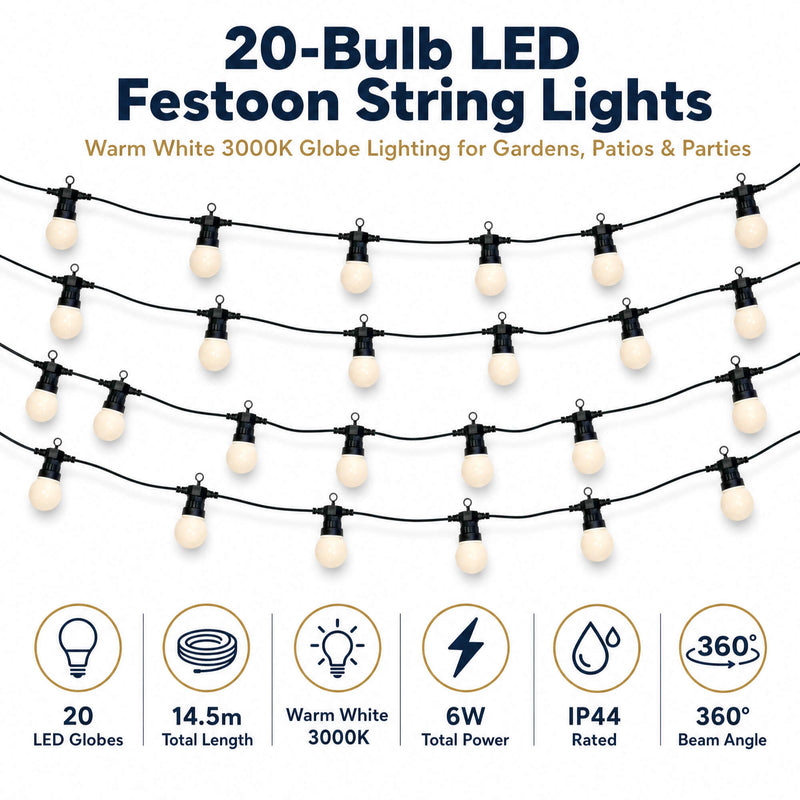 Simple Lighting - S9399 - Infographics - 20 Bulb LED Festoon String Lights