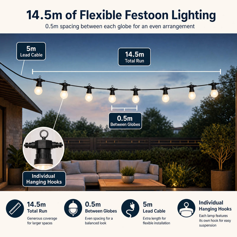 Simple Lighting - S9399 - Infographics - 14.5m of Flexible Festoon Lighting