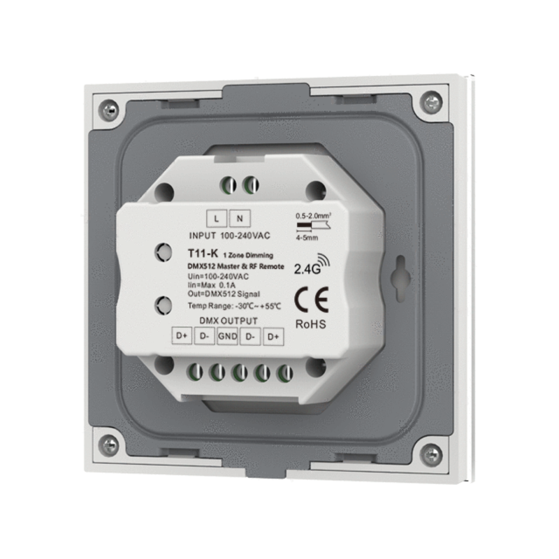 Simple Lighting - LED Dimmer - Back plate  of the white finish dimmer with visible ports for power and DMX.