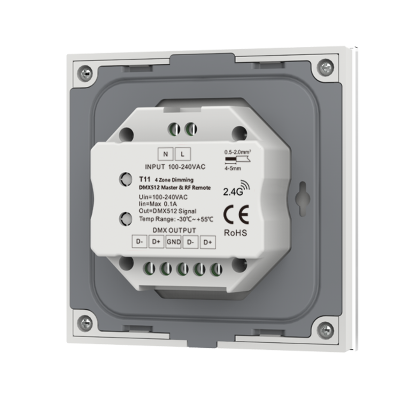 Simple Lighting - 4 Zone Touch Panel - Back of the white touch panel where DMX input and output can be connected