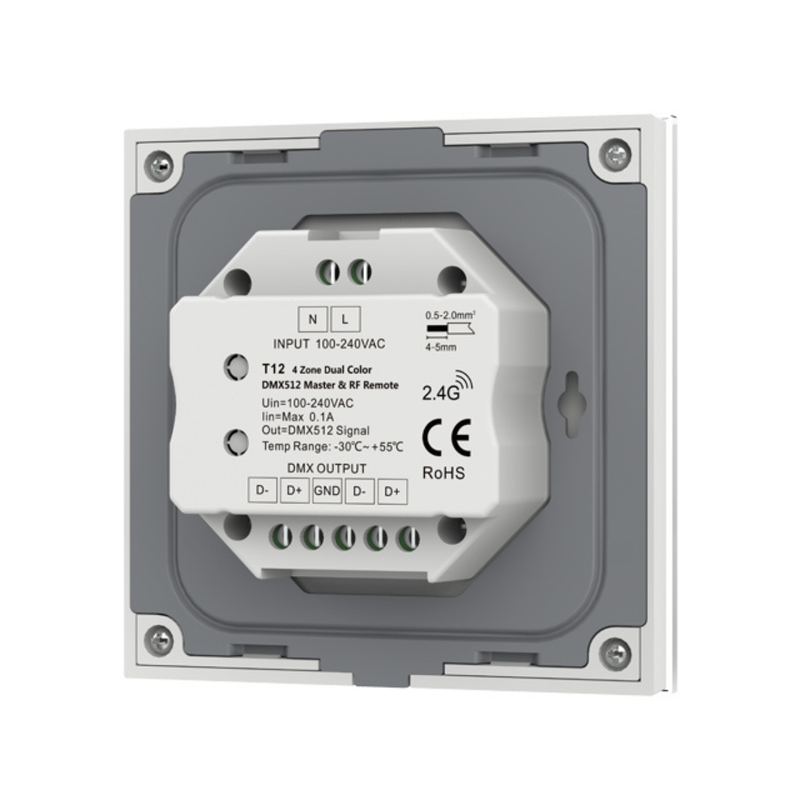 Simple Lighting - CCT Touch Panel - Back of the white finish touch panel with visible DMX in and out ports.