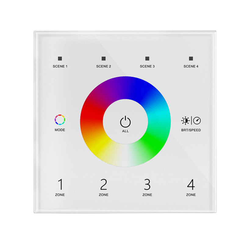 Simple Lighting - RGB Touch Panel - White finish RGB touch panel with zone and scene controls, colour wheel, and mode selection.
