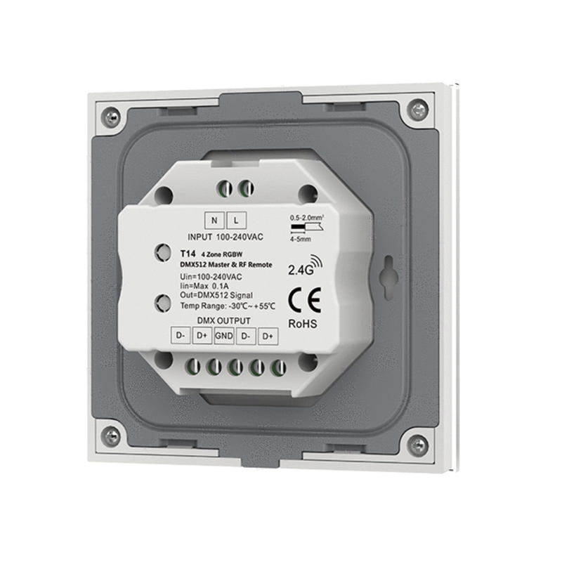 Simple Lighting - RGBW Remote Control - Back of the white finish touch panel with DMX output ports.