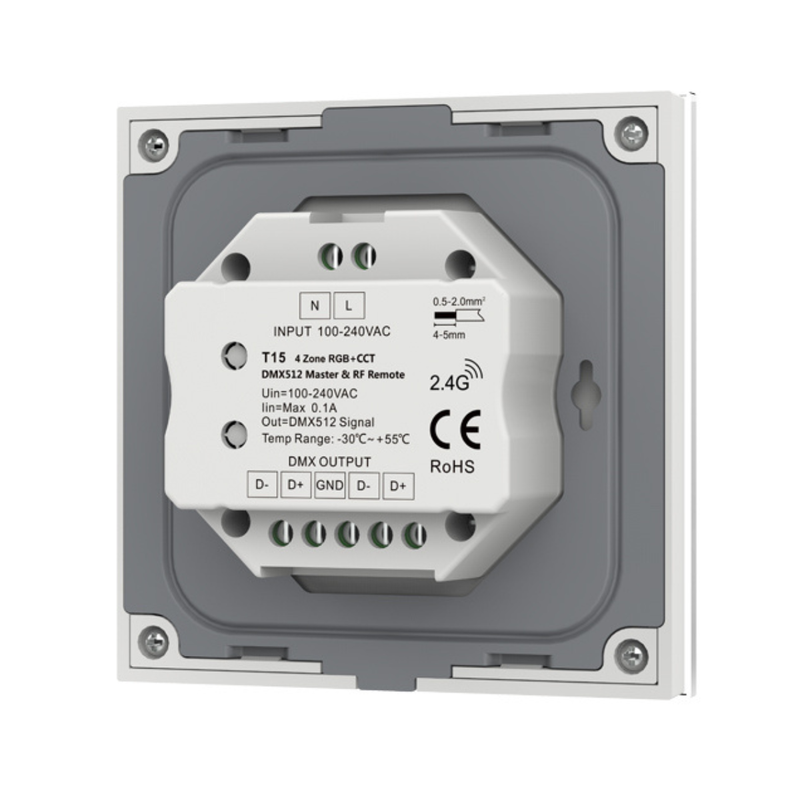 Simple Lighting - RGB+CCT Touch Panel - Back of the white touch panel with visible connection points for power and the DMX.
