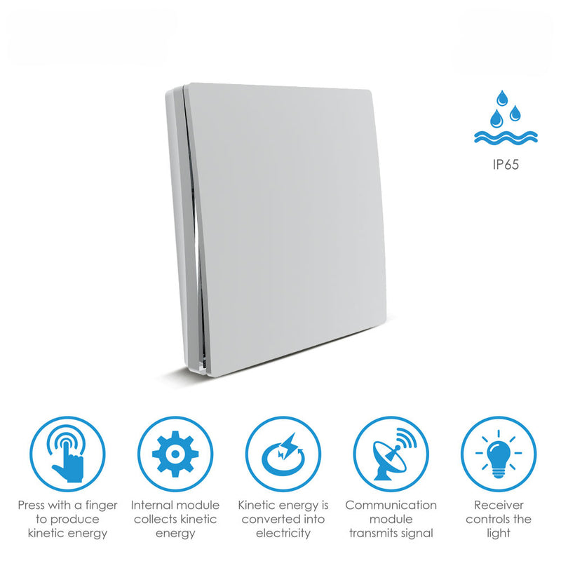 Wireless Kinetic Light Switch - 1 Gang, No Battery No Wiring, Silver, IP65, icons showing how product works