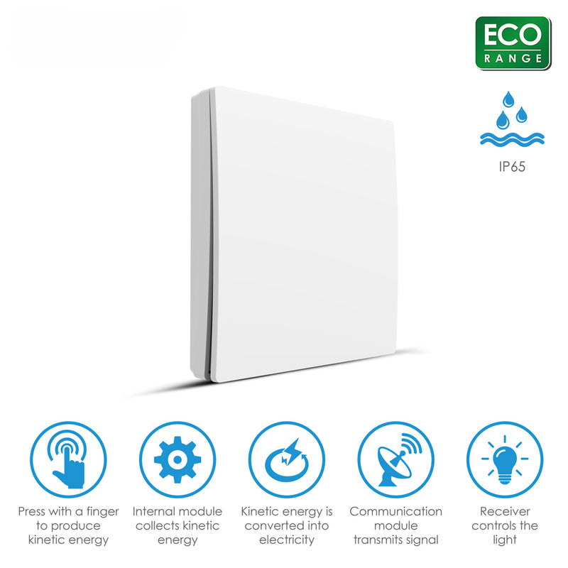 Wireless Kinetic Light Switch - 1 Gang, No Battery No Wiring, White, IP65, icons showing how product works