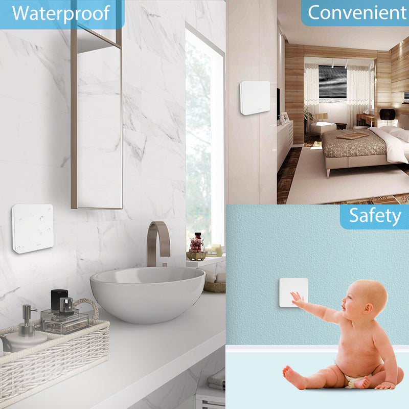 Wireless Kinetic Light Switch - 1 Gang, No Battery No Wiring, White, photo collage showing product in bathroom, bedroom, and wall (while being touched by baby)