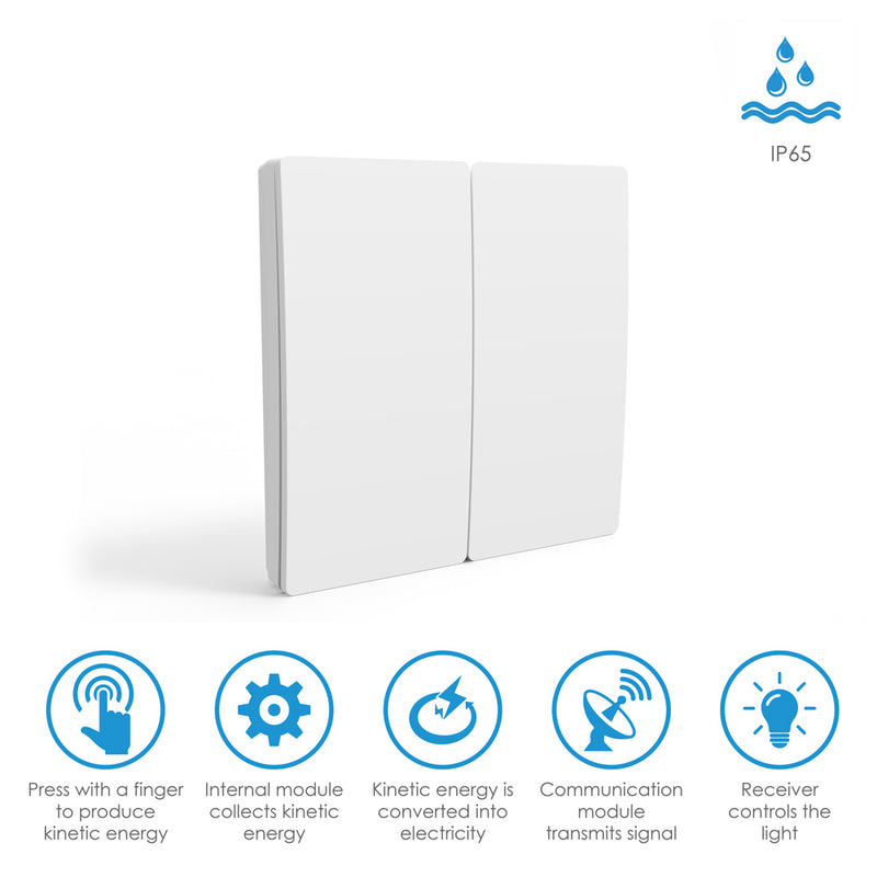Wireless Kinetic Light Switch - 2 Gang, No Battery No Wiring, White, IP65, icons showing how product works