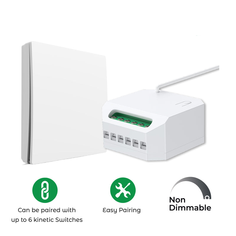 Mini Kinetic Switch Receiver - 5A Non-Dimmable, 433MHz RF (icons with features)