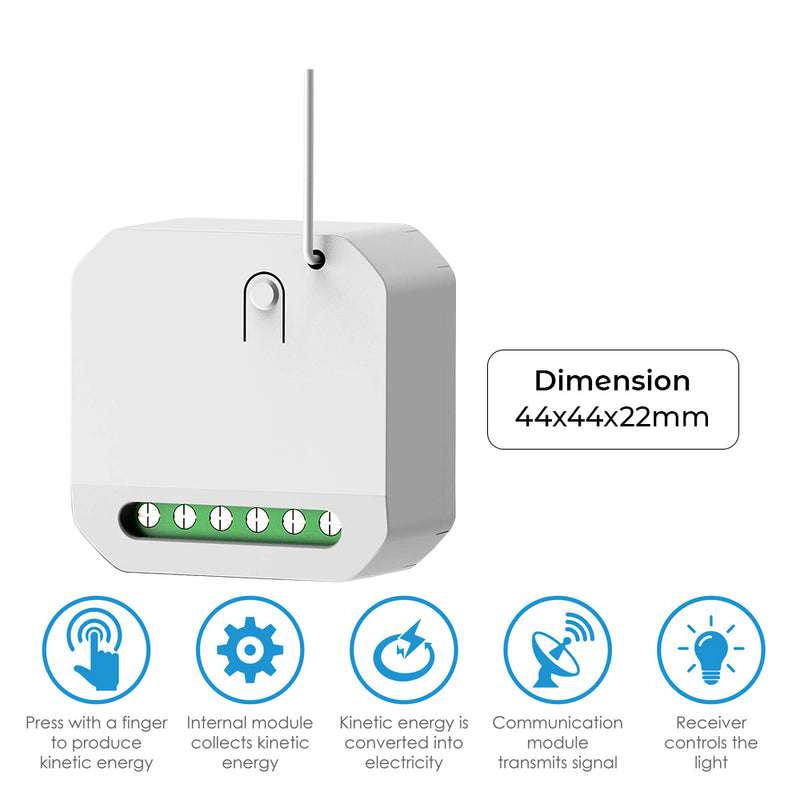 Mini Kinetic Switch Receiver - 5A Non-Dimmable, 433MHz RF (icons with features and dimensions)
