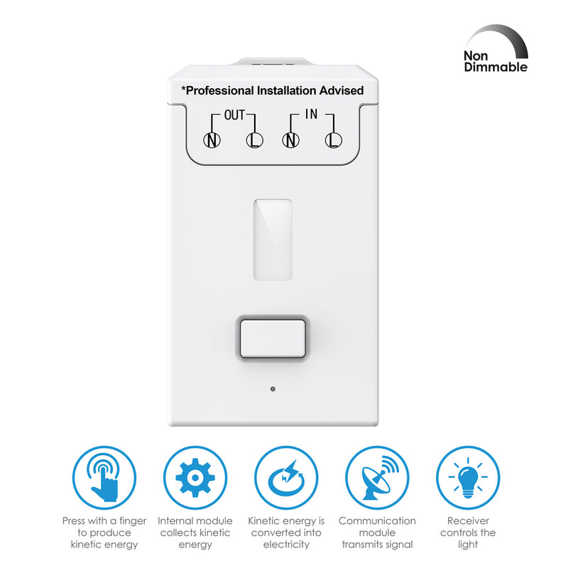 Kinetic Switch Receiver - 5A Non-Dimmable, 433MHz RF (icons with features)