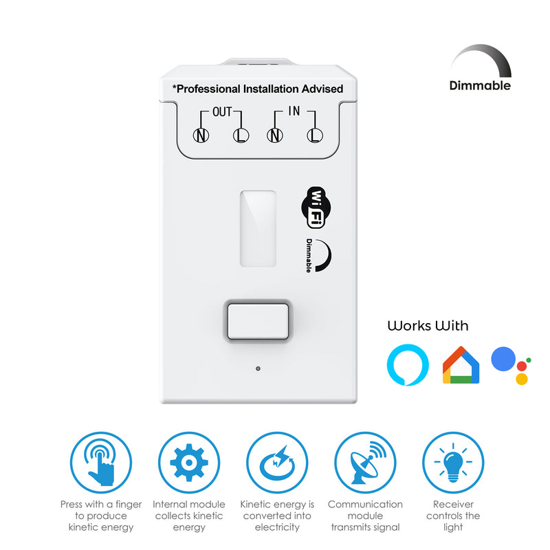 Kinetic Switch Receiver - 1.5A Dimmable WiFi, Alexa & Google Compatible (icons with features)